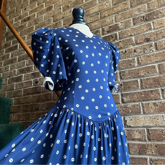 VTG 80s 90s Navy Blue Bow Embellished Puff Sleeve Coffee Bean Print Dress - Picture 1 of 5